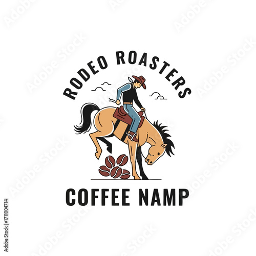 A cowboy riding a bucking horse, surrounded by coffee beans, a vintage-style graphic design.