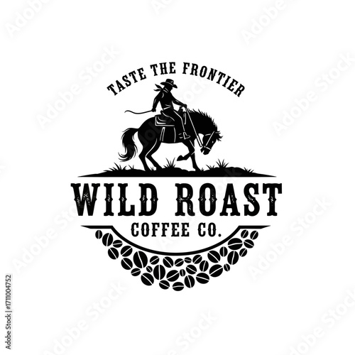 A cowboy riding a bucking horse, surrounded by coffee beans, a vintage-style graphic design.