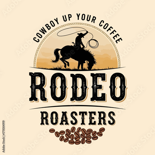 A cowboy riding a bucking horse, surrounded by coffee beans, a vintage-style graphic design.