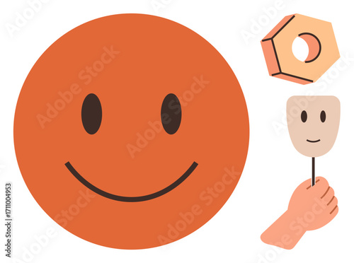Orange smiling face, hand holding face mask with a smile, and a hexagon outline. Ideal for emotions, mental health, happiness, self-expression, identity positivity self-discovery. Simple flat