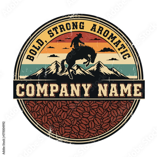 A cowboy riding a bucking horse, surrounded by coffee beans, a vintage-style graphic design.