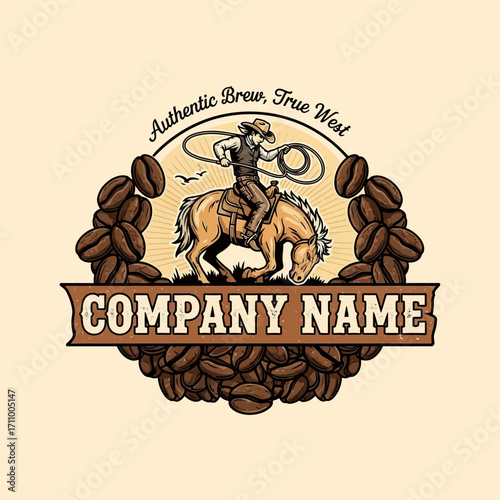 A cowboy riding a bucking horse, surrounded by coffee beans, a vintage-style graphic design.