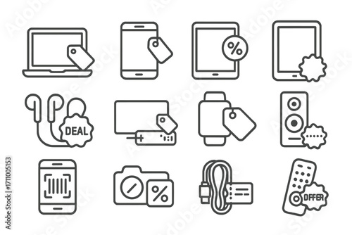Electronics Icon Sale Art. Line style icons of electronics sales: laptop with discount label, mobile phone with tag, TV with