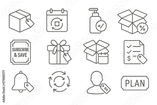 Subscription Sales Icons. Line style icons of subscription sales: delivery box with tag, repeat calendar icon, product with