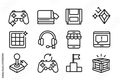 New Gaming Icons. Line style icons of new arrivals in gaming: game controller with star, console with “NEW” badge, cartridge label