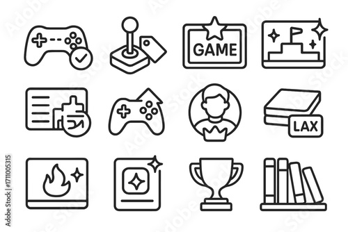 Line Style Game Icons. Line style icons of recommended games: controller with checkmark badge, joystick with tag, game title card