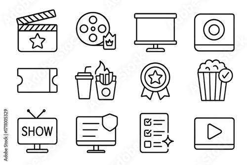 Top Movies Icons. Line style icons of top movies: clapperboard with star, film reel with crown tag, premiere screen with label,