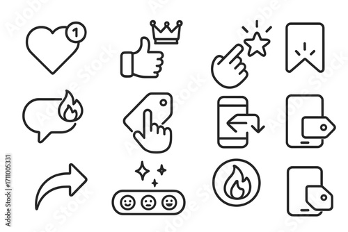 Engagement Icons Collection. Line style icons of top user actions: heart icon with badge, thumbs-up with crown, favorite tap with