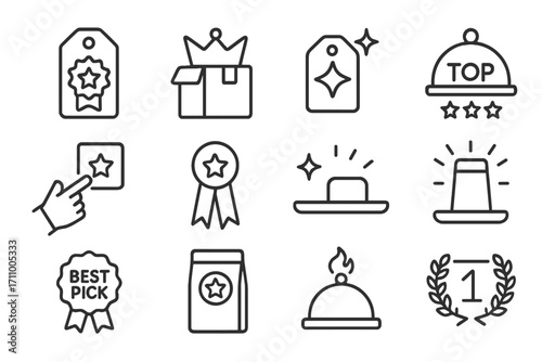 Top Product Icons. Line style icons of best products: star badge on item, crown on box, sparkle label, top-rated tray icon; hand