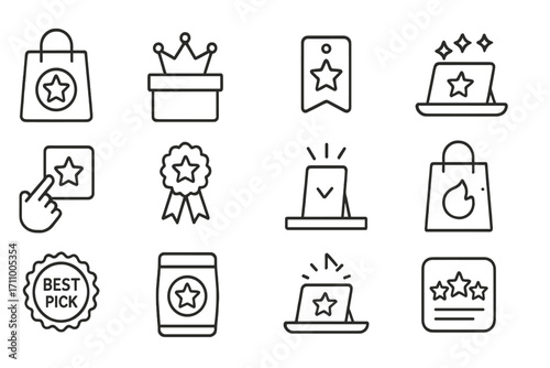 Top Product Icons. Line style icons of best products: star badge on item, crown on box, sparkle label, top-rated tray icon; hand