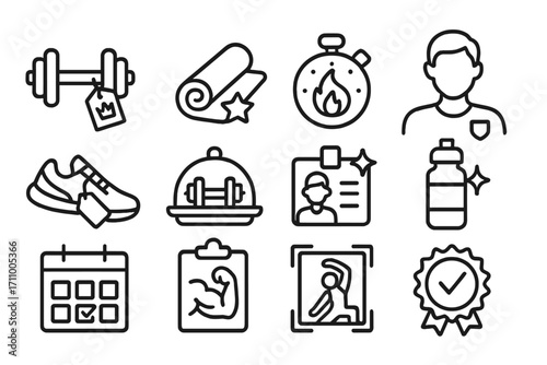 Fitness Routine Icons. Line style icons of best fitness routines: dumbbell with crown tag, yoga mat with star, workout timer with