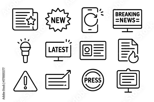 Line News Icons. Line style icons of latest news: newspaper with star tag, headline badge with “new” spark, live update icon,