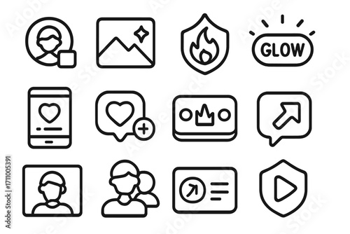 Influencer Icon Set. Line style icons of latest influencers: profile avatar with “new” tag, post card with sparkle, stream badge