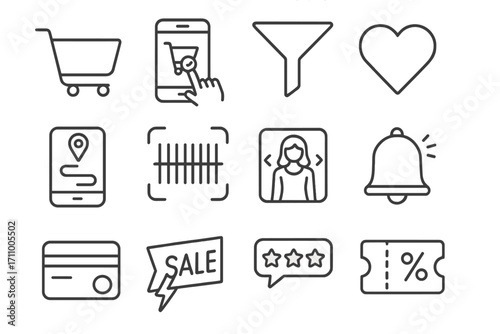 Modern Shopping Icons. Line style icons of modern shopping: e-commerce cart, mobile checkout, product filter icon, wishlist heart;