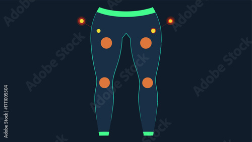 Fitness Leggings with Muscle Activity Sensors A pair of leggings with highlighted patches where sensors are located demonstrating muscle engagement through glowing lines that