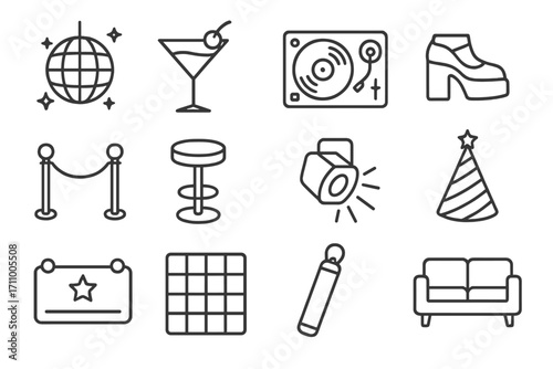 Retro Nightlife Icons. Line style icons of retro nightlife: disco ball, cocktail with cherry, vinyl DJ set, platform shoe; velvet