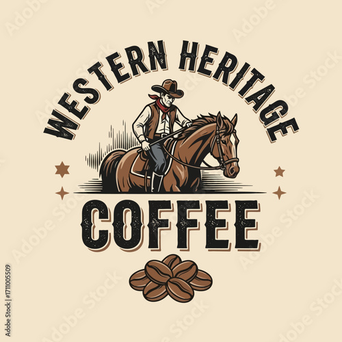 A cowboy riding a bucking horse, surrounded by coffee beans, a vintage-style graphic design.
