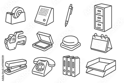 Retro Office Icons. Line style icons of retro office items: tape dispenser, intercom speaker, mechanical pencil, filing cabinet;