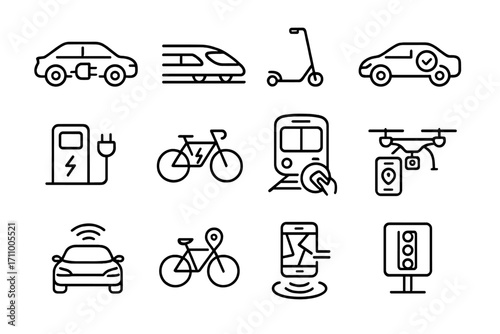 Modern Transport Icons. Line style icons of modern transportation: electric car, high-speed train, electric scooter, rideshare