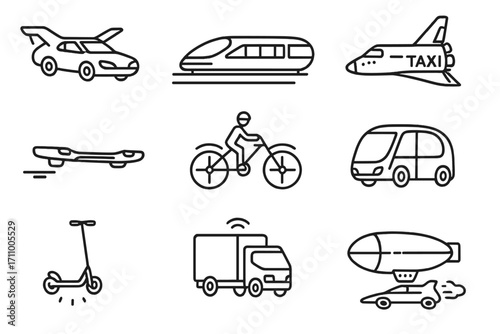 Futuristic Vehicle Icons. Line style icons of futuristic vehicles: flying car with wings, magnetic levitation train, single-wheel