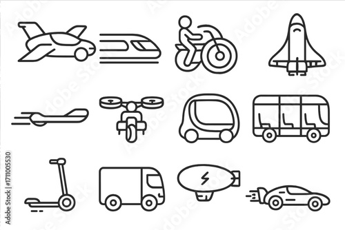 Futuristic Vehicle Icons. Line style icons of futuristic vehicles: flying car with wings, magnetic levitation train, single-wheel