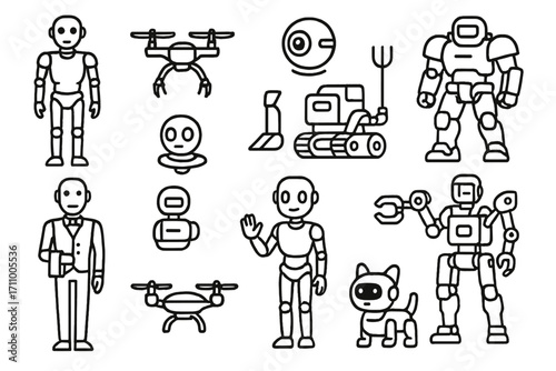 Futuristic Robot Icons. Line style icons of futuristic robots: humanoid helper, service drone, repair spider bot, warehouse loader