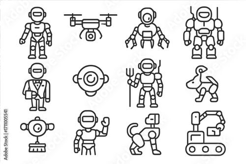 Futuristic Robot Icons. Line style icons of futuristic robots: humanoid helper, service drone, repair spider bot, warehouse loader