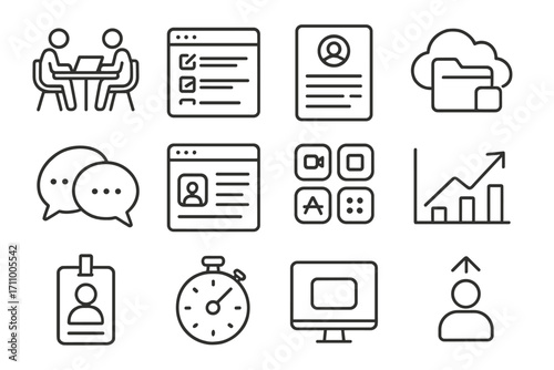 Modern Work Icons. Line style icons of modern work: coworking icon, task manager screen, online resume, cloud project folder; chat