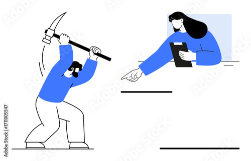 Man swinging pickaxe for mining, woman holding clipboard pointing direction. Ideal for teamwork, labor, management, instructions, supervision, productivity, simple landing page