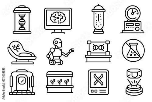 Futuristic Lab Icons. Line style icons of futuristic labs: genetic fusion chamber, AI experiment monitor, suspended particle tube,