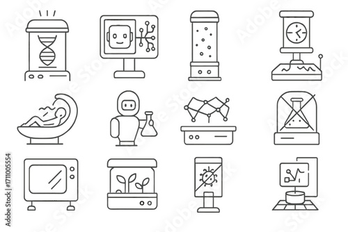 Futuristic Lab Icons. Line style icons of futuristic labs: genetic fusion chamber, AI experiment monitor, suspended particle tube,
