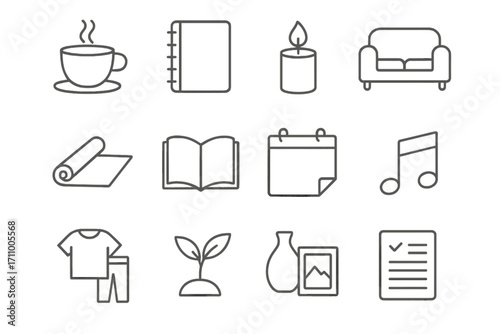 Minimal Lifestyle Icons. Line style icons of minimal lifestyle: coffee cup, notebook, candle flame, couch icon; yoga mat, book