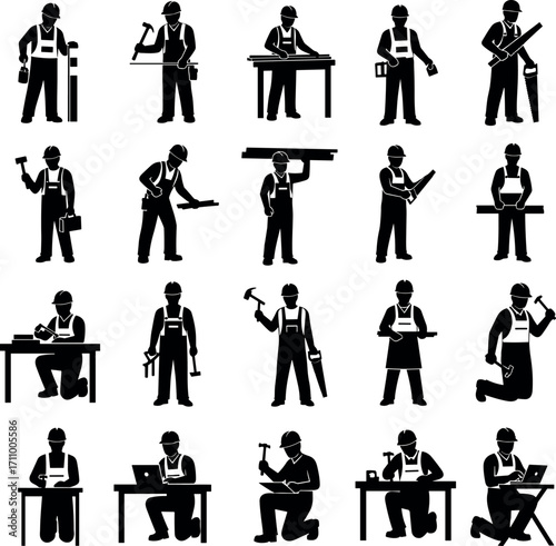 Construction Worker Silhouettes Performing Various Tasks with Tools, Equipment, and Laptops – Industrial Labor Icons for Building and Engineering Projects