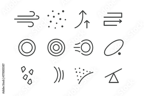 Abstract Motion Icons. Line style icons of abstract movement: flowing wind trail, scattered particles, bouncing arrow, shifting