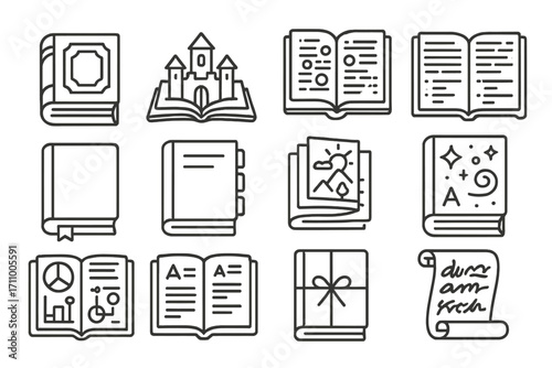 Line Style Book Icons. Line style icons of maximal books: encyclopedic tome, pop-up book, annotation-heavy page, footnote-filled