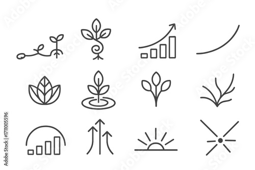 Abstract Growth Icons. Line style icons of abstract growth: seed-to-sprout path, spiral trunk tree, step ladder arc, rising form