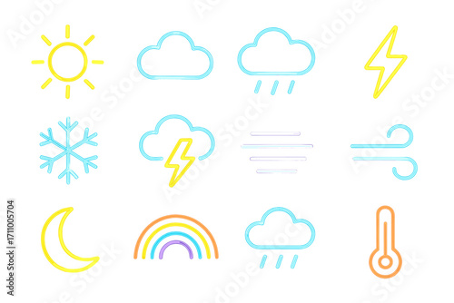 Neon Weather Icons. Line style icons of retro nightlife: disco ball, cocktail with cherry, vinyl DJ set, platform shoe; velvet