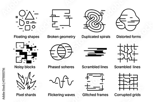 Glitch Art Icons. Line style icons of glitch abstract: floating shapes, broken geometry, duplicated spirals, distorted forms;