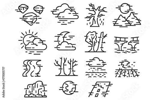 Glitchy Environment Icons. Line style icons of glitch environment: floating rocks, shifted clouds, torn tree, flickering rain;