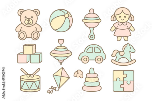 Pastel Toy Icons. Line style icons of pastel toys: pastel teddy bear, pastel ball, pastel rattle, pastel doll; pastel blocks,