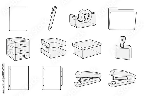 Transparent Office Icons. Line style icons of transparent office supplies: transparent document holder, transparent pen,