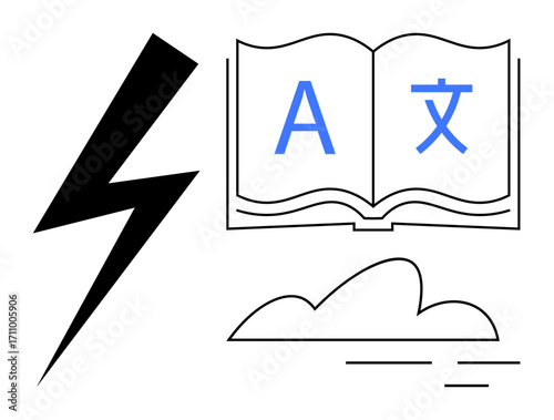 Lightning bolt, open book with multilingual characters A and , and cloud with lines. Ideal for learning, education, creativity, inspiration, energy language communication. Simple flat metaphor
