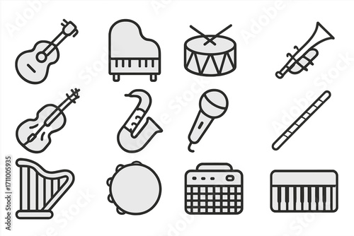 Opaque Instrument Icons. Line style icons of opaque instruments: opaque guitar, opaque piano, opaque drum, opaque trumpet; opaque