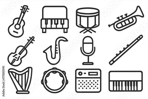 Opaque Instrument Icons. Line style icons of opaque instruments: opaque guitar, opaque piano, opaque drum, opaque trumpet; opaque