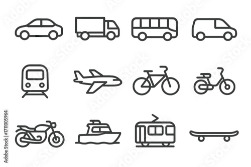 Matte Vehicle Icons. Line style icons of matte vehicles: matte car, matte truck, matte bus, matte van; matte train, matte airplane