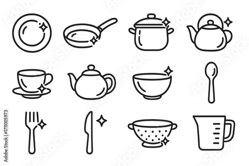 Glossy Kitchen Icons. Line style icons of glossy kitchenware: glossy plate, glossy pan, glossy pot, glossy kettle; glossy cup,