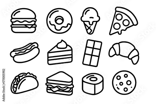 Glossy Food Icons. Line style icons of glossy food: glossy burger, glossy donut, glossy ice cream, glossy pizza; glossy hotdog,