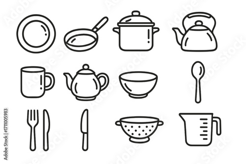 Glossy Kitchen Icons. Line style icons of glossy kitchenware: glossy plate, glossy pan, glossy pot, glossy kettle; glossy cup,