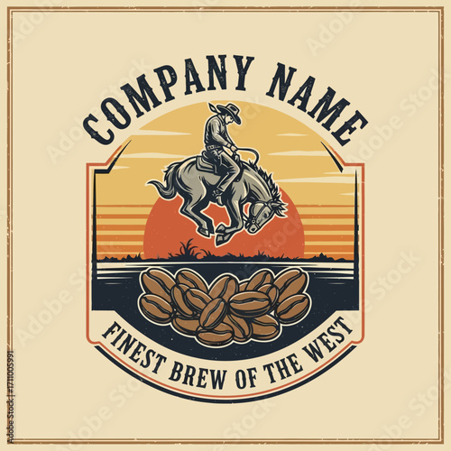 A cowboy riding a bucking horse, surrounded by coffee beans, a vintage-style graphic design.