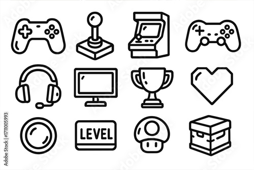 Glossy Gaming Icons. Line style icons of glossy gaming items: glossy controller, glossy joystick, glossy arcade machine, glossy